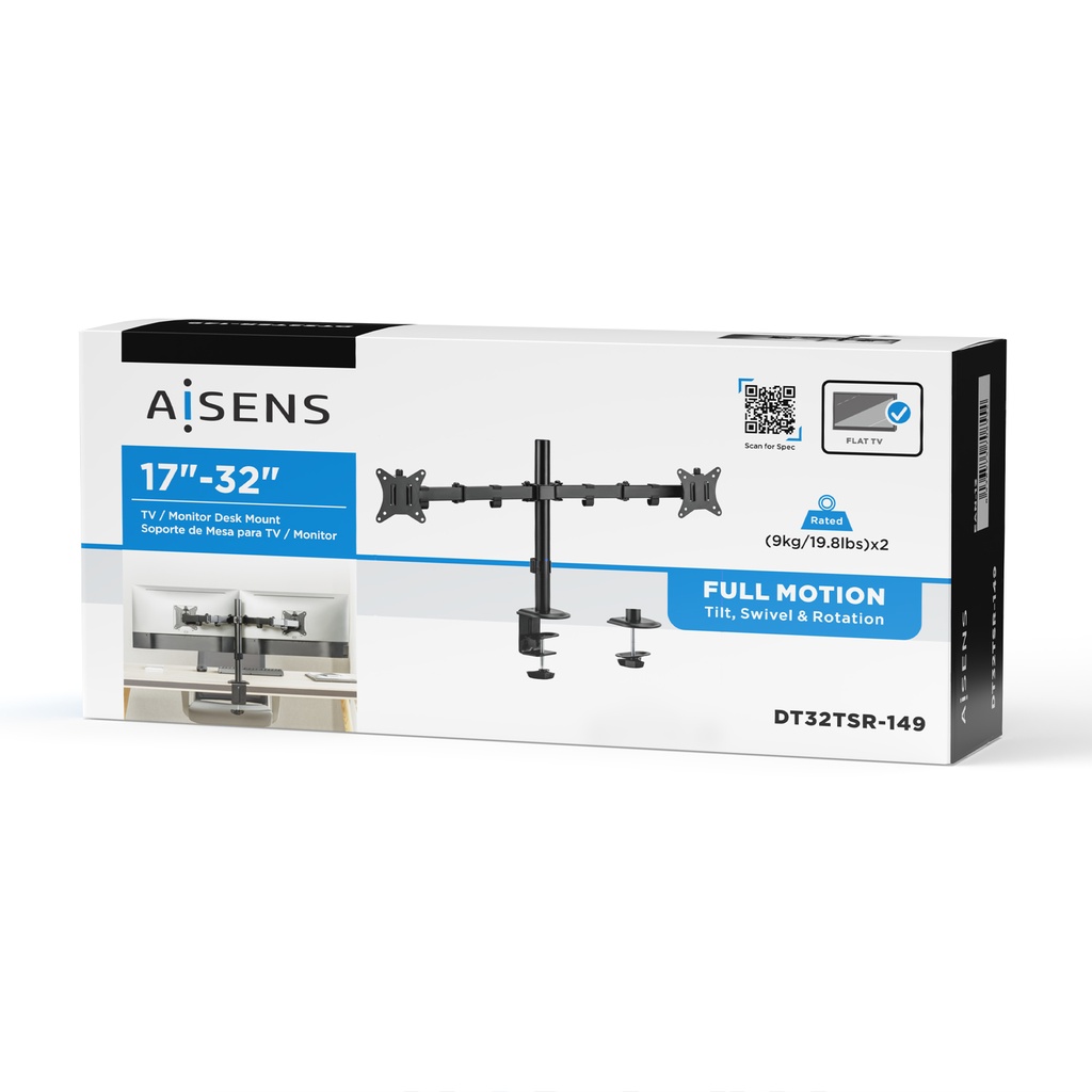 AISENS Soporte mesa para 2 Monitores 9KG 17/32" (2 Brazos)
